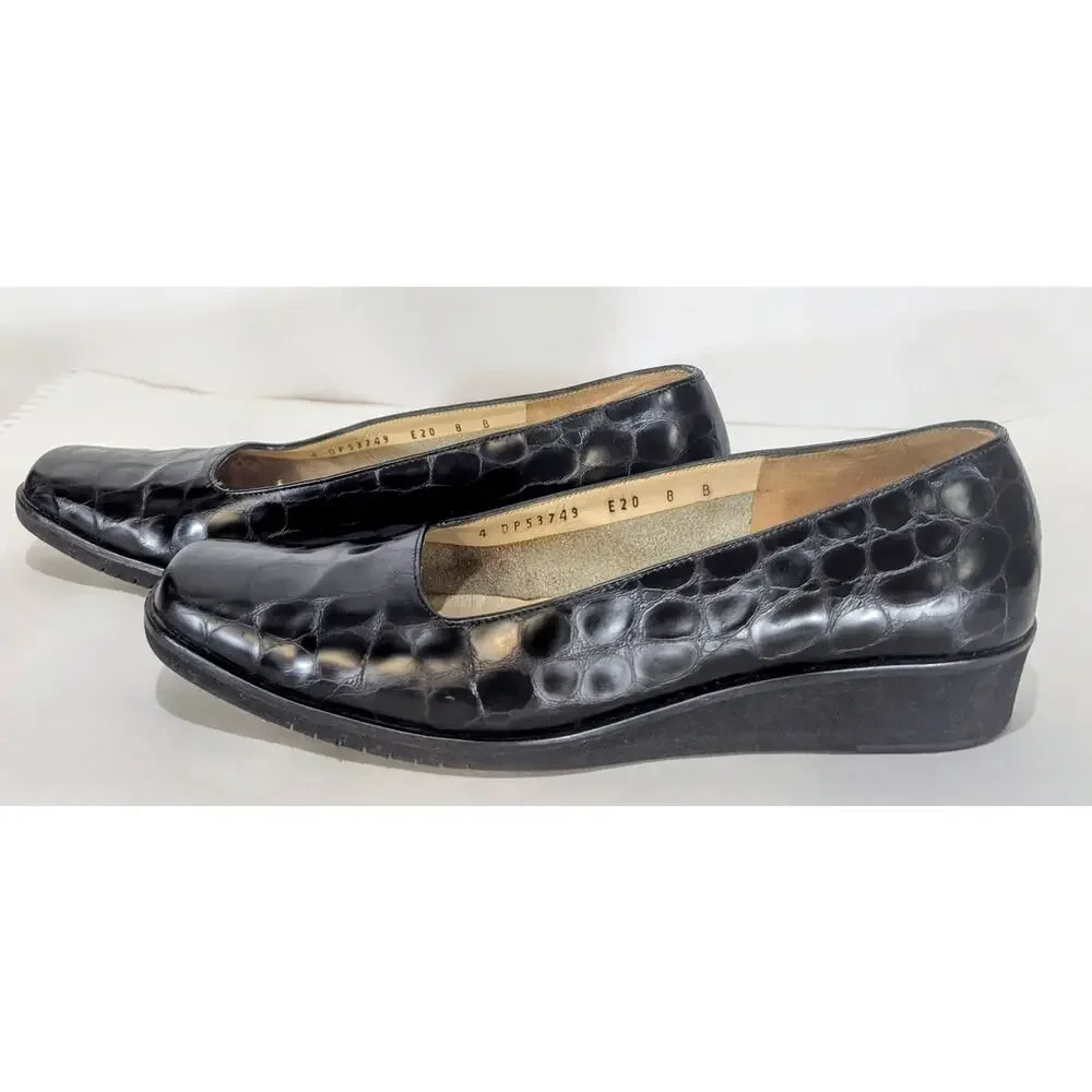 Salvatore Ferragamo Black‎ Croc Embossed Leather Wedge Pumps Size 8B